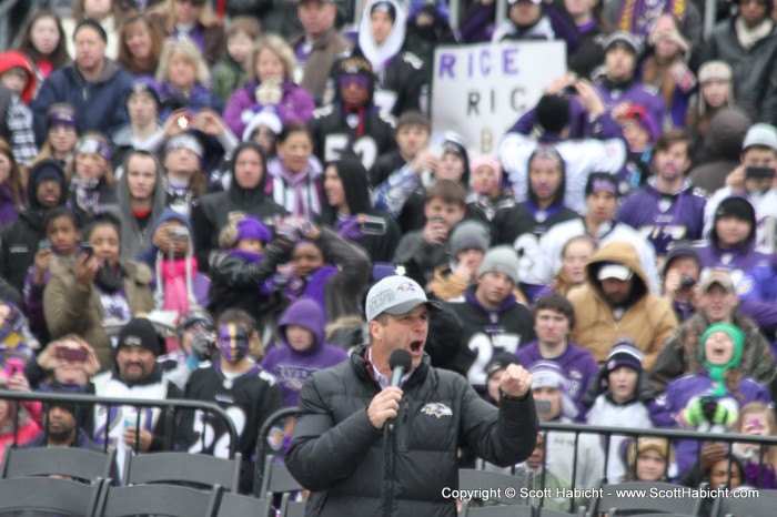 John Harbaugh stopped by before the start of the parade and gave a quick speech.