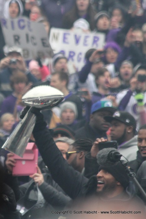 Then I was focused on getting the players on stage. Ray Lewis holding the Vince Lombardi trophy.