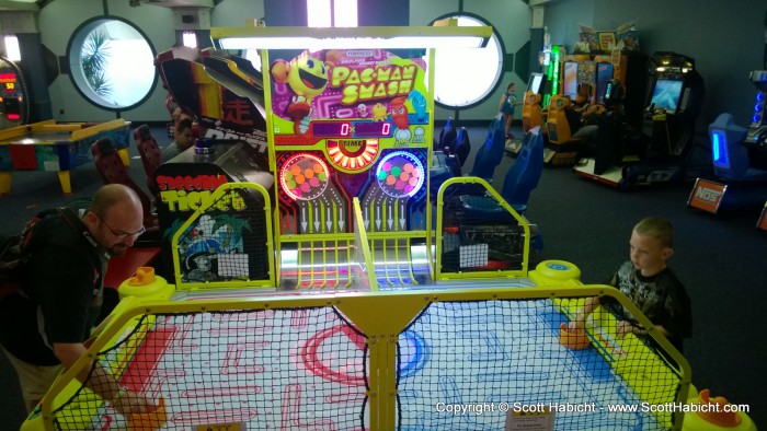 Mathew and Taylor played some air hockey.