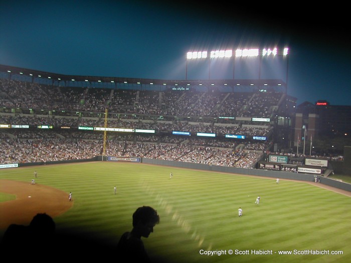 Night descends on Baltimore as the Yanks lose to the O's.