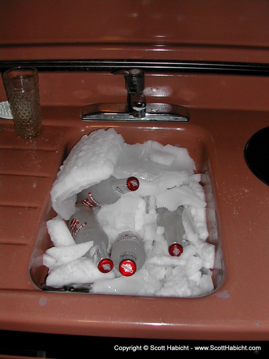 We used the "frost" from the freezer to pack the beer in the sink. (Ryan's idea)