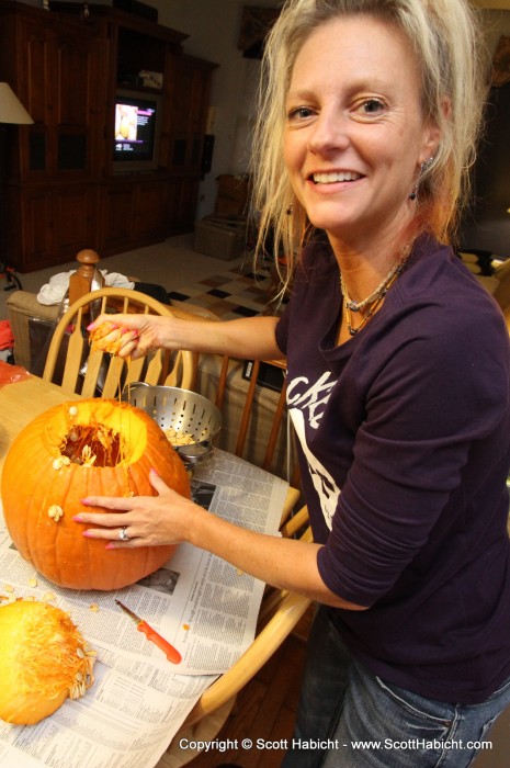 Kelli was inside getting the pumpkins ready.