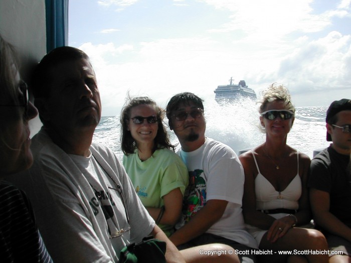 Taking the taxi boat to shore.