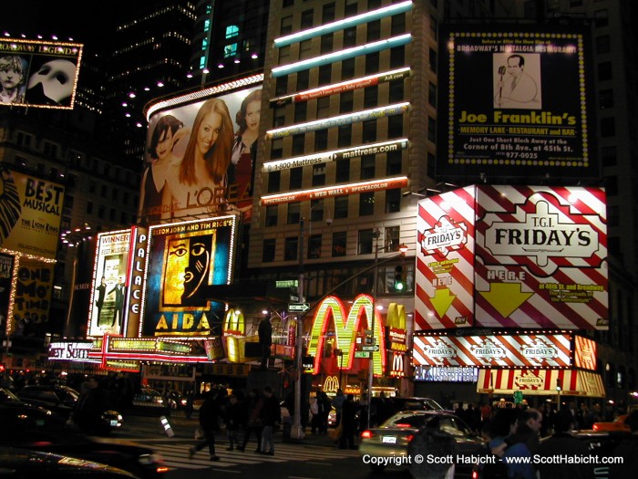 All the commercialism in Times Square.