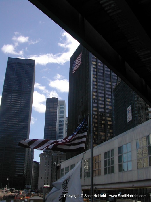 Standing on the observation deck.