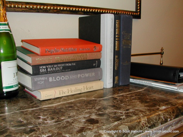 Some food for thought for the last shot. These were the books in the bridal suite. The titles are: Psycho Nutrition, Complete Money Market Guide, How You Can Profit from The S&L Bailout, Blood and Power, & The Healing Heart. Who's reading this stuff after just getting married?