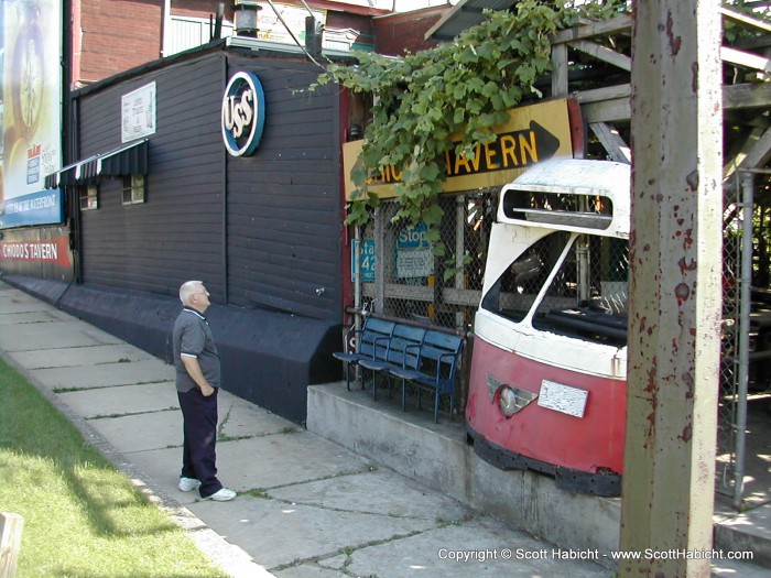 Outside the bar, this is the front of one of the original trolleys that ran down to the steel mill, who's logo can also be seen.