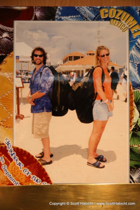 My pose, the cruise line's photo. (that's our dive gear in the bags)