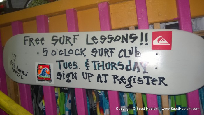 In case anyone wants to learn to surf, you can get free lessons at Endless Summer.