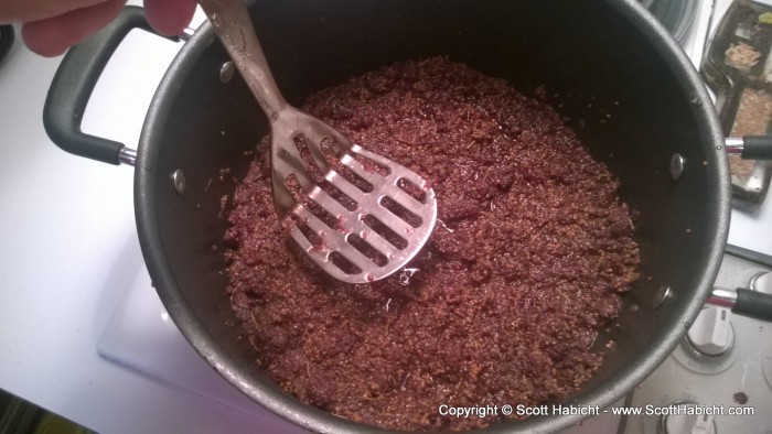 I boiled the mulberries to kill any bacteria and then mashed them to expose the sugars.