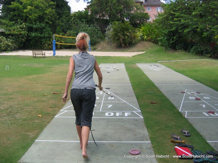 I kicked Kelli's butt in some shuffleboard.