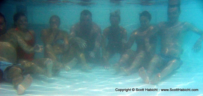 Back in the pool and we were trying to do a funny underwater shot, but the water was too cloudy (presumably from all the drinks spilled in it)...