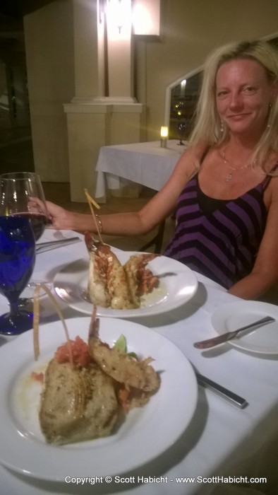 Kelli was in all her glory with not one, not two, but three lobster tails. I had the swordfish.