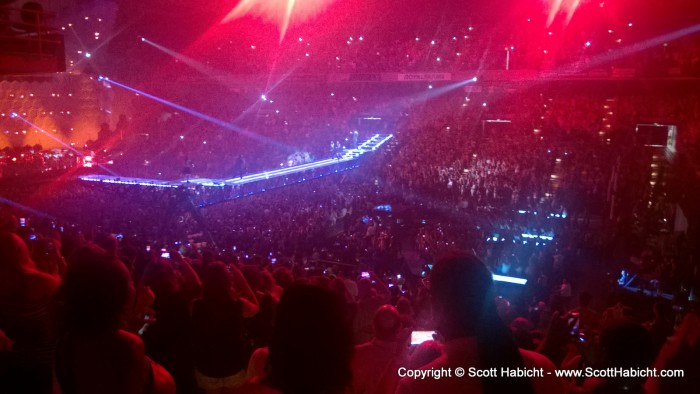 Justin and his dancers rode a mini stage from the front...