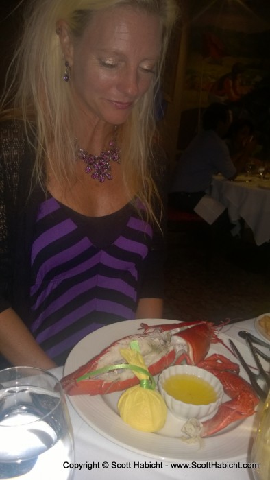 Out to dinner, and Kelli ordered her favorite, lobster.