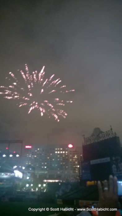 We stayed for the fireworks show after the game.