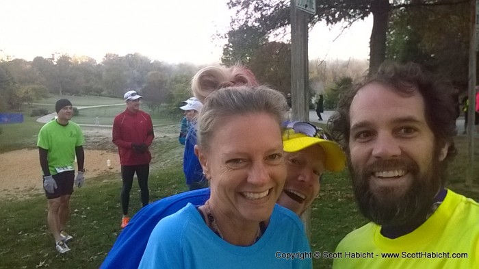 The early morning wait at the start line for the half-marathon begins with a photobomb from the Ulman Cancer Fund Vice-Chair, Christopher Sproule.