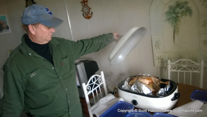 Upstairs, Eddie had his own Turkey cooking.