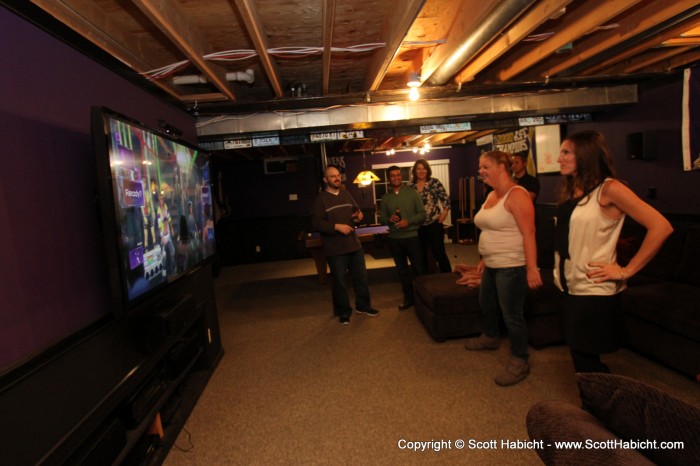 Dance competition time in the basement.