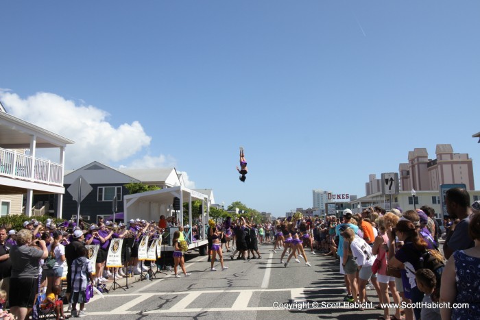 The cheerleaders were in front of us at the judging stand.