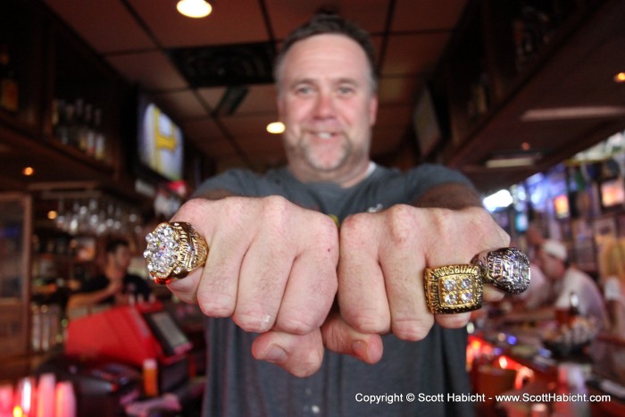 Someone gave Buxy replica Steelers rings.