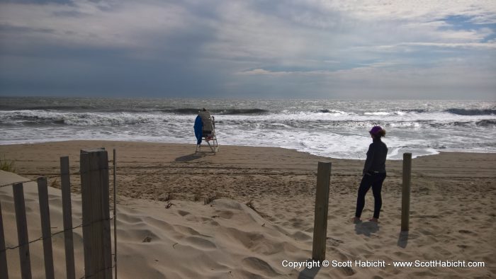 The hurricane had decimated the beach. Molly is standing at the bottom of the dune.