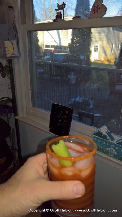 Bloody marys are a great way to start Christmas morning. In the background you can see the weather station I bought my father.