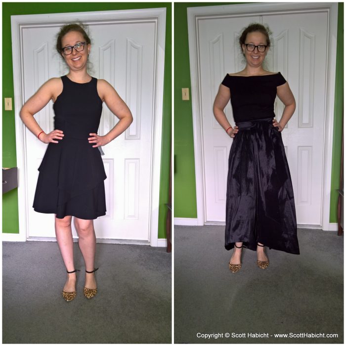 Trying to figure out which outfit to go with for the night, and we went with the one on the right.