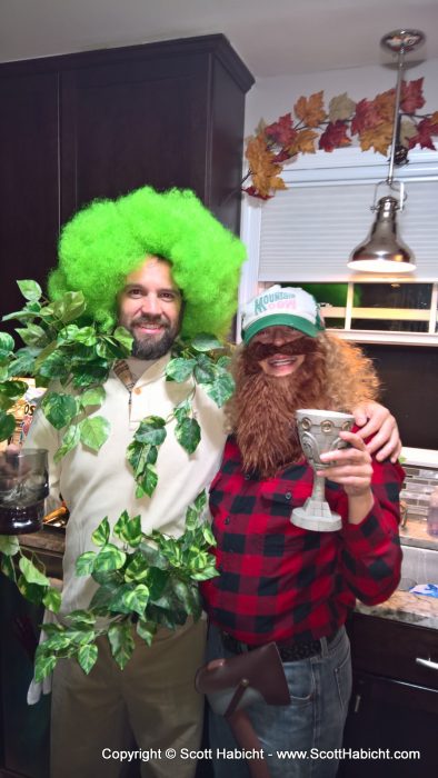 I was a tree, she was a lumberjack. For Halloween, of course.