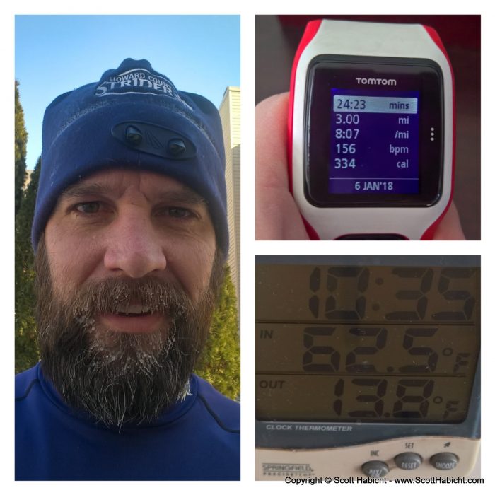 13°F outside, good morning for a run. That's ice in my beard.