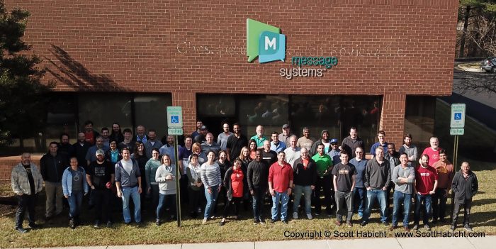 Group picture at work before we moved to the new office (taken with a drone).