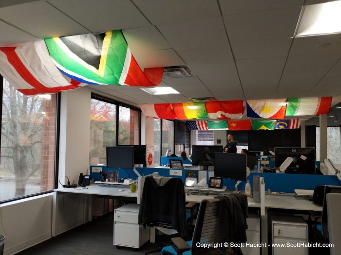 I hung flags for the birth countries of everyone in my division in the new office. 12 different flags for 37 people.