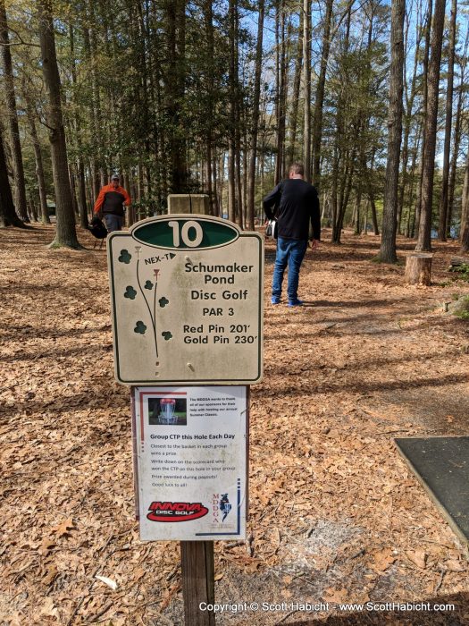 How the holes are marked. We were playing the red pins.