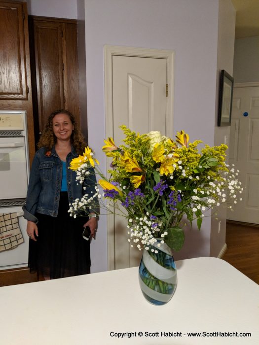 Some beautiful flowers in a new vase from Molly's Aunt Paula and Uncle Casey/